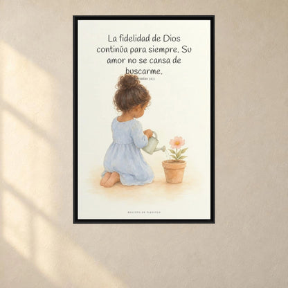 Tu fidelidad continúa para siempre | Cuadro de fe enmarcado | Jeremías 31:3 — 24×36 pulgadas, marco negro, vista frontal ambiental, escala física calibrada