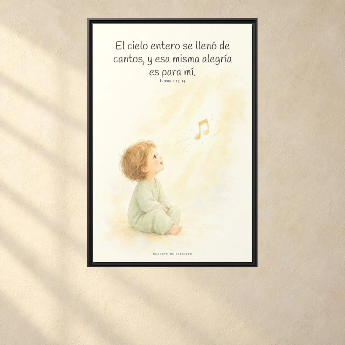 El ejército del cielo canta mi alegría — Lienzo Cristiano Enmarcado | Lucas 2:13-14 — 24×36 pulgadas, marco negro, vista frontal ambiental, escala física calibrada