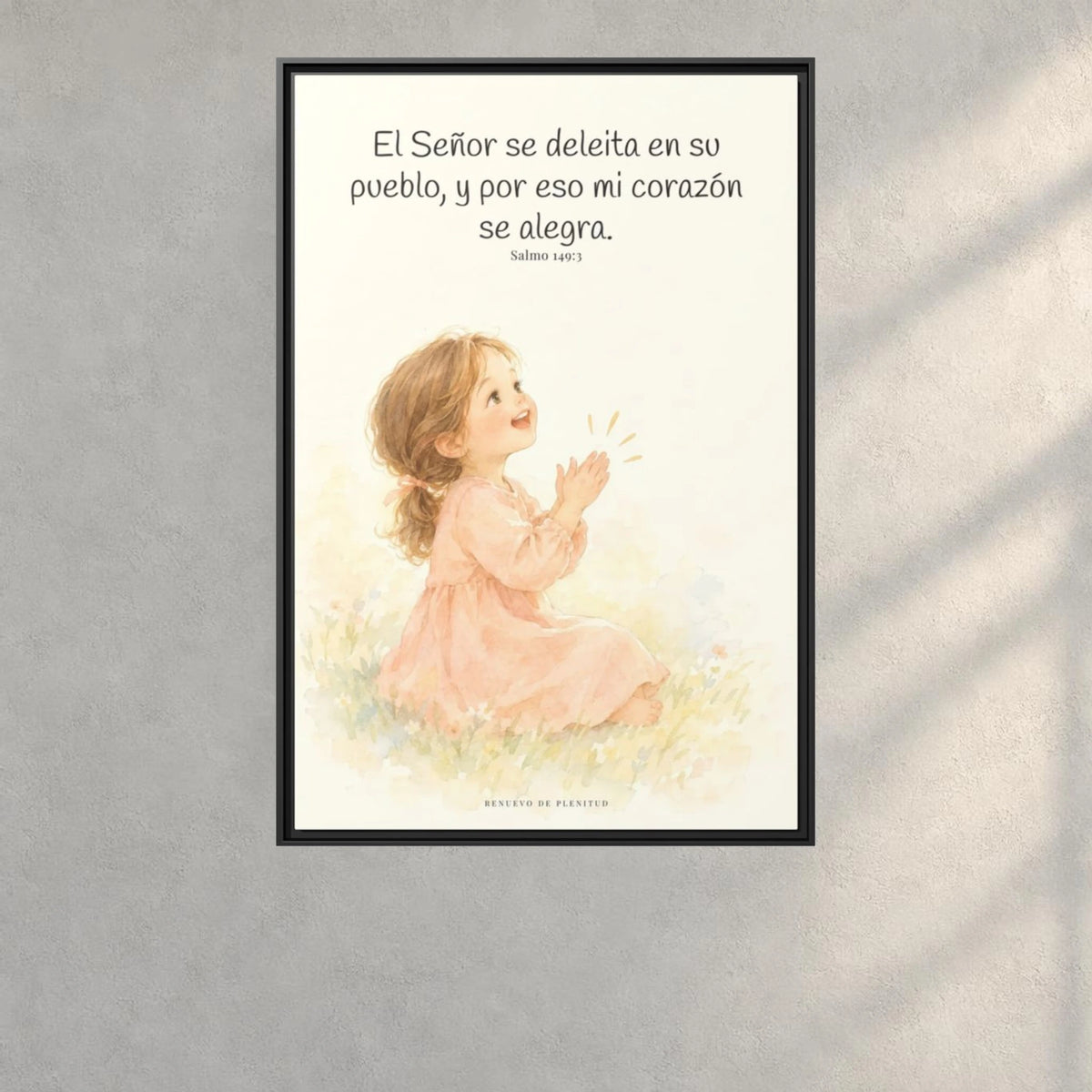 El Señor se deleita en su pueblo — Lienzo Cristiano Enmarcado | Salmo 149:3 — 24×36 pulgadas, marco negro, vista frontal ambiental, escala física calibrada