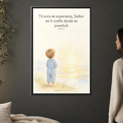 Tú eres mi esperanza, Señor — Lienzo Cristiano Enmarcado | Salmo 71:5 — 24×36 pulgadas, marco negro, vista frontal ambiental, escala física calibrada