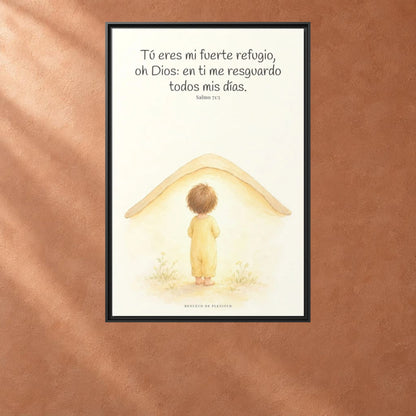 Tú eres mi fuerte refugio, oh Dios — Lienzo Cristiano Enmarcado | Salmo 71:5 — 24×36 pulgadas, marco negro, vista frontal ambiental, escala física calibrada