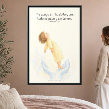 En Jehová confío de todo corazón — Lienzo Cristiano Enmarcado | Proverbios 3:5-6 — 24×36 pulgadas, marco negro, vista frontal ambiental, escala física calibrada