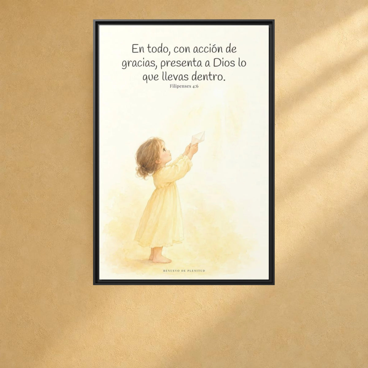 Con acción de gracias, presenta todo a Dios — Lienzo Cristiano Enmarcado | Filipenses 4:6 — 24×36 pulgadas, marco negro, vista frontal ambiental, escala física calibrada