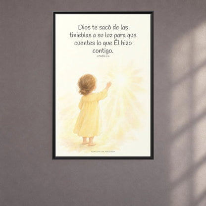 Para que anuncies las maravillas de Dios — Lienzo Cristiano Enmarcado | 1 Pedro 2:9 — 24×36 pulgadas, marco negro, vista frontal ambiental, escala física calibrada