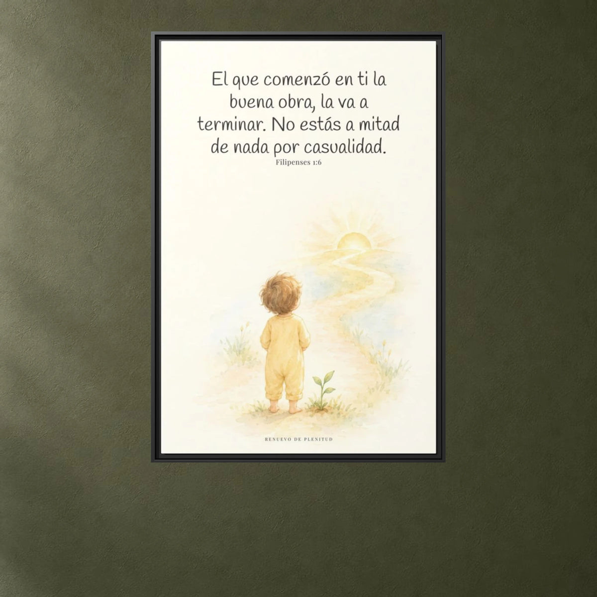 Dios terminará la buena obra que empezó en mí — Lienzo Cristiano Enmarcado | Filipenses 1:6 — 24×36 pulgadas, marco negro, vista frontal ambiental, escala física calibrada
