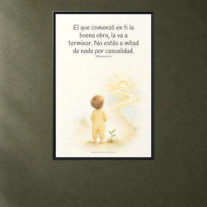 Dios terminará la buena obra que empezó en mí — Lienzo Cristiano Enmarcado | Filipenses 1:6 — 24×36 pulgadas, marco negro, vista frontal ambiental, escala física calibrada