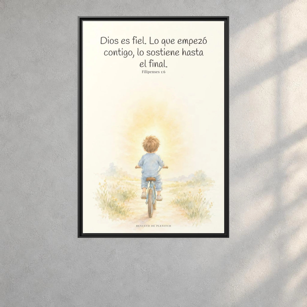 Dios es fiel y no deja a medias lo que promete | Cuadro bíblico para el hogar | Filipenses 1:6 — 24×36 pulgadas, marco negro, vista frontal ambiental, escala física calibrada