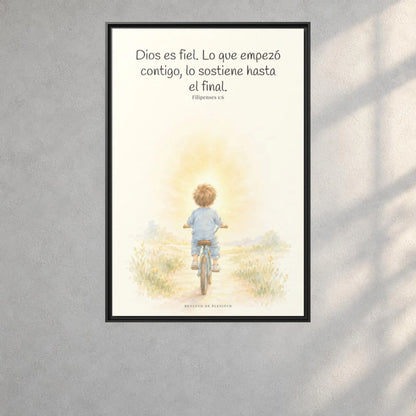 Dios es fiel y no deja a medias lo que promete | Cuadro bíblico para el hogar | Filipenses 1:6 — 24×36 pulgadas, marco negro, vista frontal ambiental, escala física calibrada