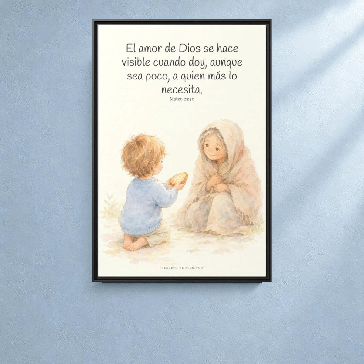 El amor de Dios se da en cosas pequeñas — Lienzo Cristiano Enmarcado | Mateo 25:40 — 24×36 pulgadas, marco negro, vista frontal ambiental, escala física calibrada