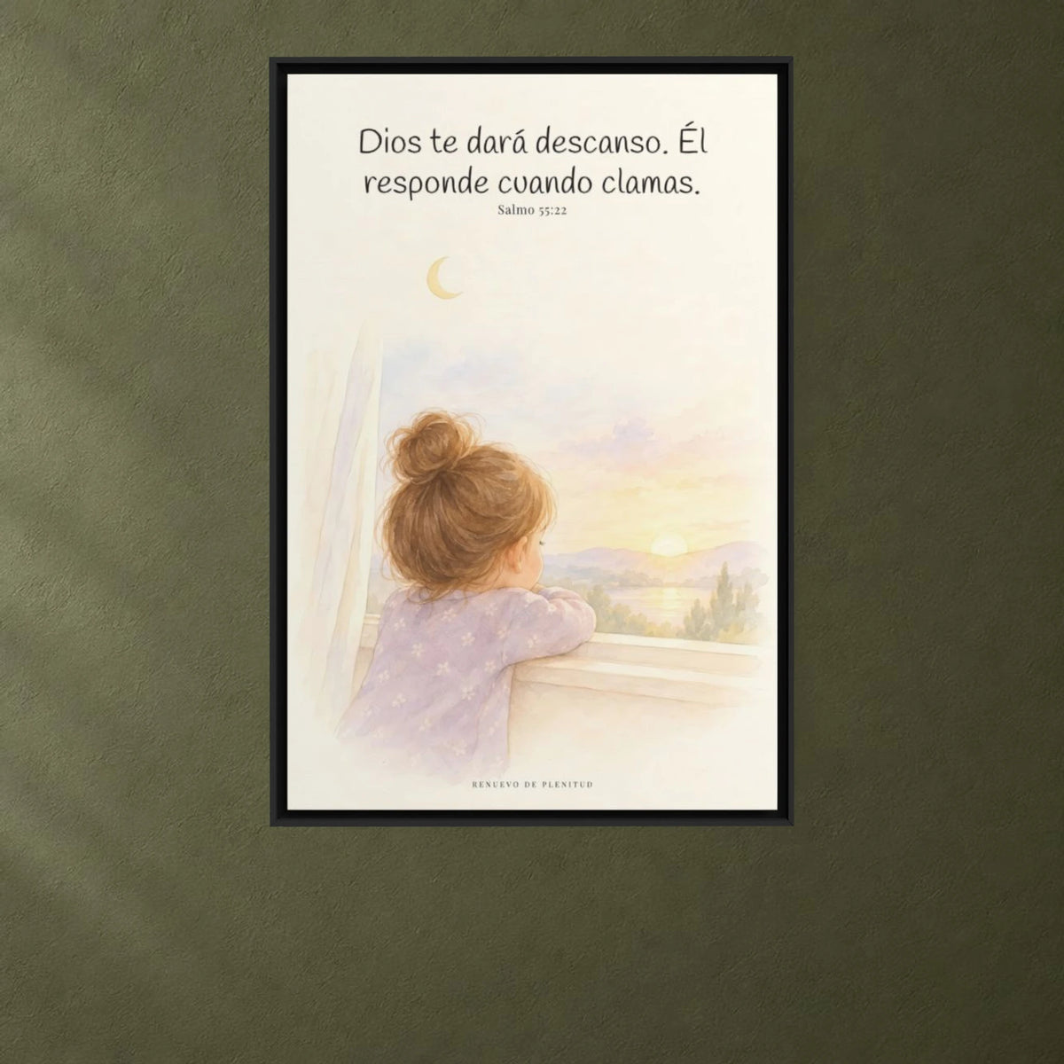 Dios te dará descanso | Cuadro cristiano enmarcado | Salmo 55:22 — 24×36 pulgadas, marco negro, vista frontal ambiental, escala física calibrada