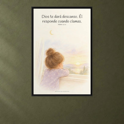 Dios te dará descanso | Cuadro cristiano enmarcado | Salmo 55:22 — 24×36 pulgadas, marco negro, vista frontal ambiental, escala física calibrada
