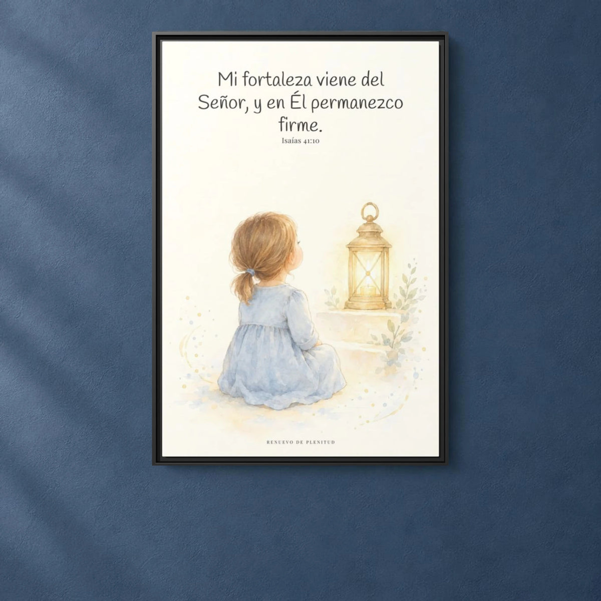 Mi fortaleza viene del Señor — Lienzo Cristiano Enmarcado | Isaías 41:10 — 24×36 pulgadas, marco negro, vista frontal ambiental, escala física calibrada
