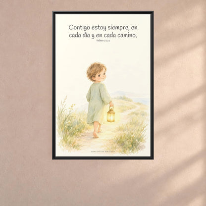 Contigo estoy siempre — Lienzo Cristiano Enmarcado | Salmo 73:23 — 24×36 pulgadas, marco negro, vista frontal ambiental, escala física calibrada