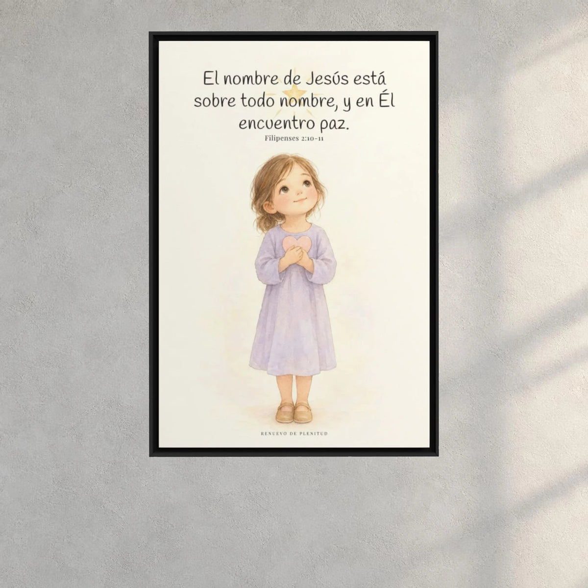 El nombre de Jesús está sobre todo nombre | Lienzo de fe para el hogar | Filipenses 2:10-11 — 24×36 pulgadas, marco negro, vista frontal ambiental, escala física calibrada