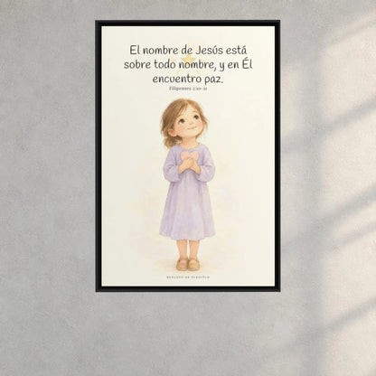 El nombre de Jesús está sobre todo nombre | Lienzo de fe para el hogar | Filipenses 2:10-11 — 24×36 pulgadas, marco negro, vista frontal ambiental, escala física calibrada