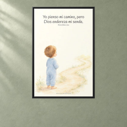 El corazón del hombre piensa, Dios endereza — Lienzo Cristiano Enmarcado | Proverbios 16:9 — 24×36 pulgadas, marco negro, vista frontal ambiental, escala física calibrada