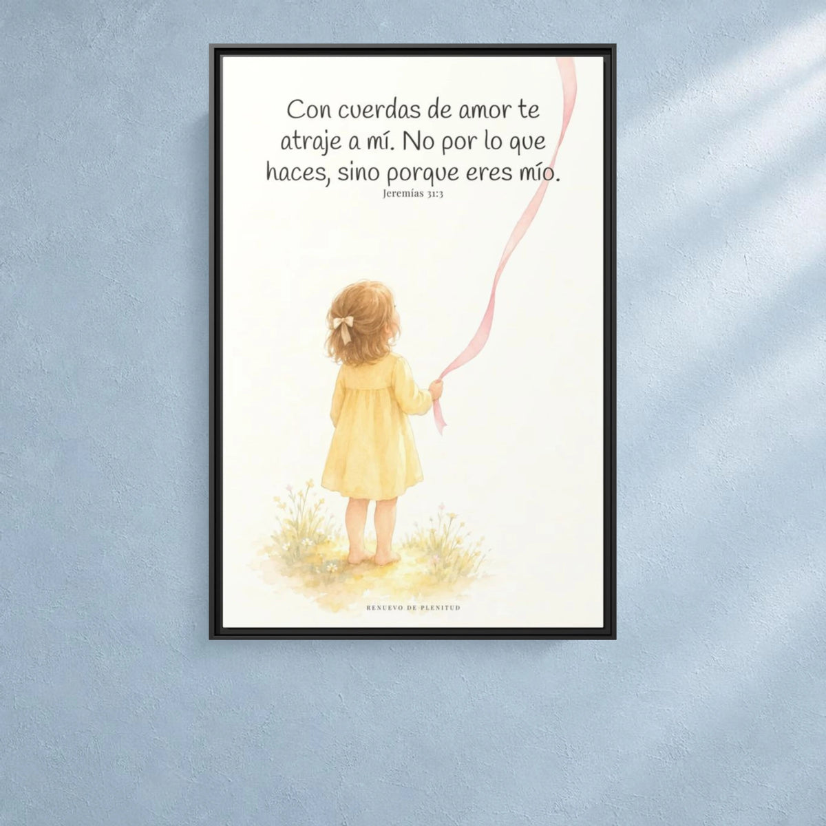 Con cuerdas de amor te atraje a mí — Lienzo Cristiano Enmarcado | Jeremías 31:3 — 24×36 pulgadas, marco negro, vista frontal ambiental, escala física calibrada