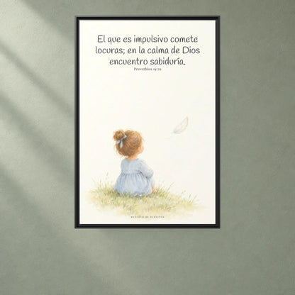La prisa del corazón no agrada a Dios | Decoración cristiana enmarcada | Proverbios 14:29 — 24×36 pulgadas, marco negro, vista frontal ambiental, escala física calibrada