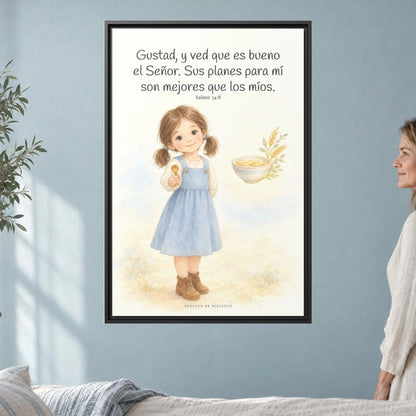 Gustad, y ved que es bueno Jehová — Lienzo Cristiano Enmarcado | Salmo 34:8 — 24×36 pulgadas, marco negro, vista frontal ambiental, escala física calibrada