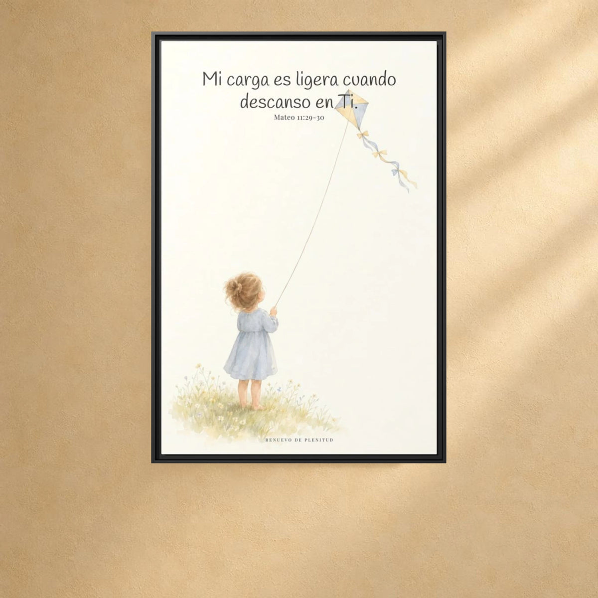 Mi carga es ligera cuando descanso en Ti — Lienzo Cristiano Enmarcado | Mateo 11:29-30 — 24×36 pulgadas, marco negro, vista frontal ambiental, escala física calibrada