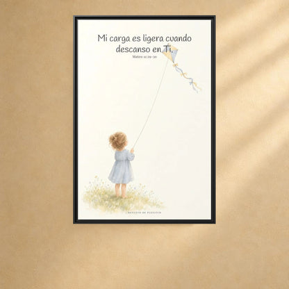 Mi carga es ligera cuando descanso en Ti — Lienzo Cristiano Enmarcado | Mateo 11:29-30 — 24×36 pulgadas, marco negro, vista frontal ambiental, escala física calibrada