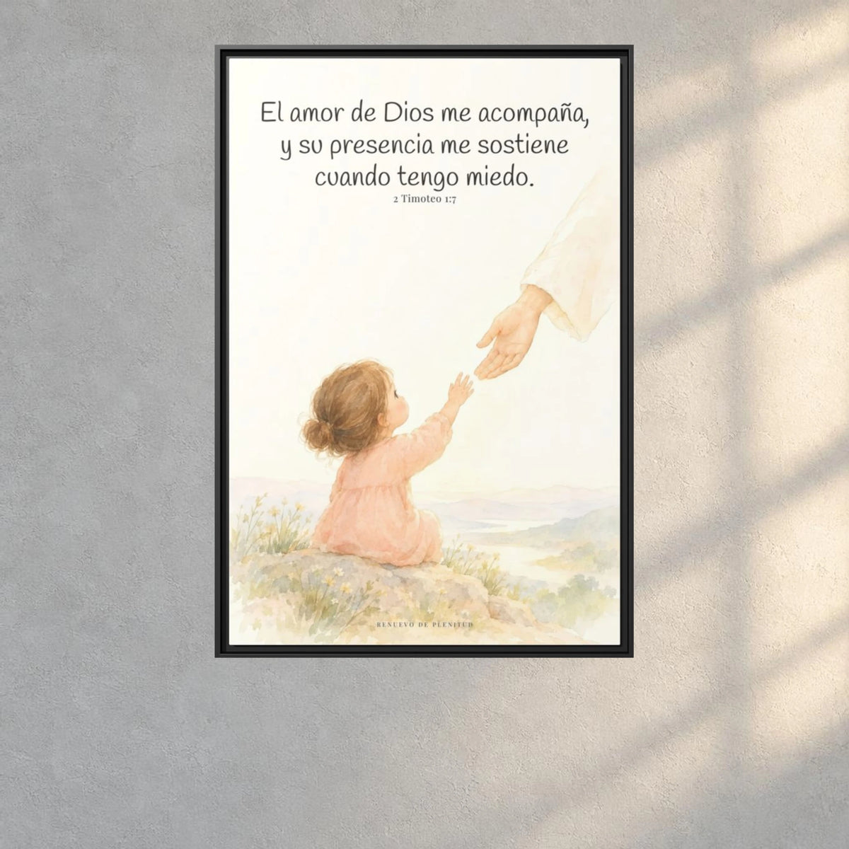 Dios está conmigo y no me suelta — Lienzo Cristiano Enmarcado | 2 Timoteo 1:7 — 24×36 pulgadas, marco negro, vista frontal ambiental, escala física calibrada