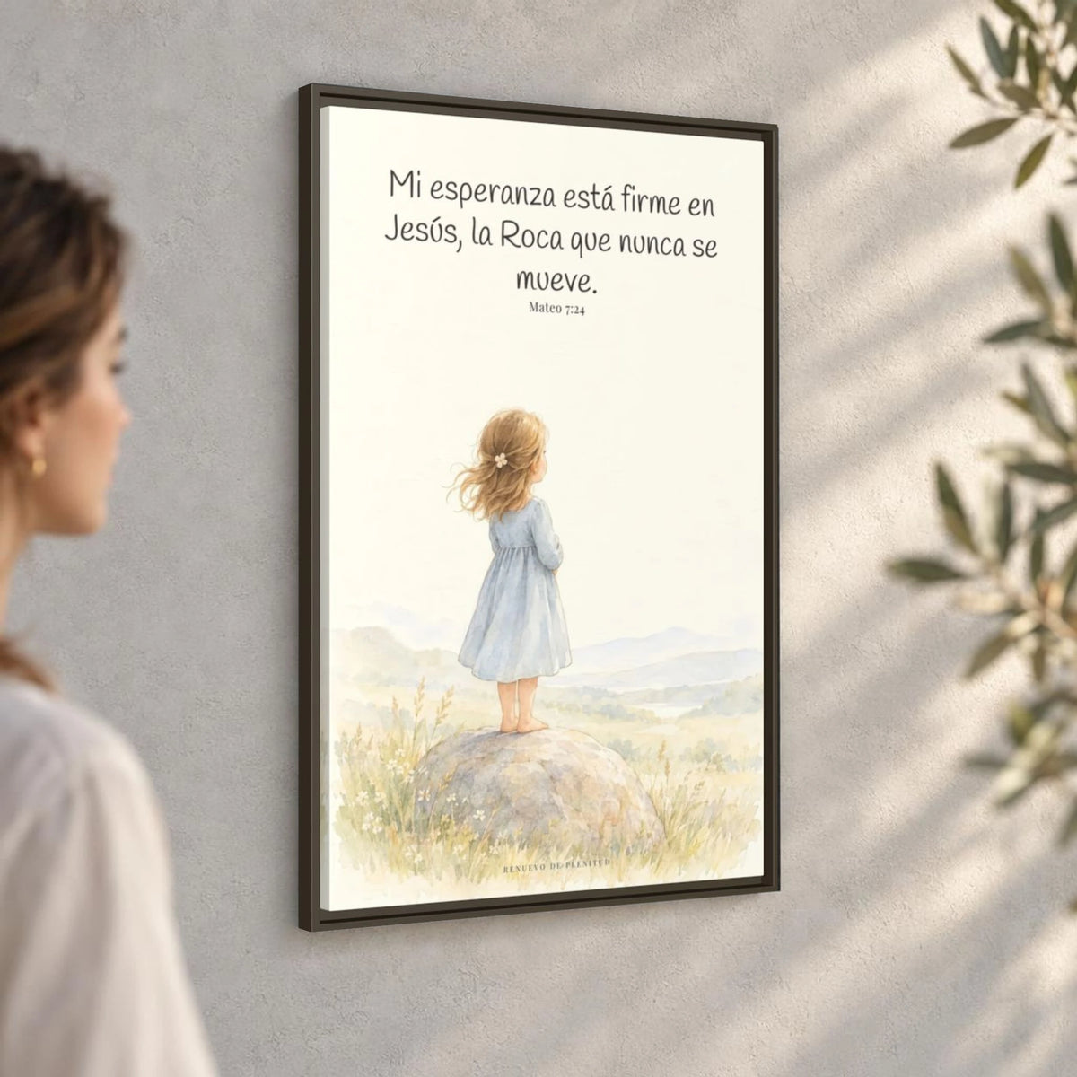Mi esperanza está firme en Jesús — Lienzo Cristiano Enmarcado | Mateo 7:24 — 24×36 pulgadas, marco espresso, vista angular ambiental del marco flotante, escala física calibrada
