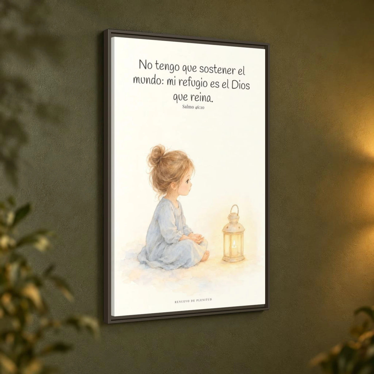 El Señor de los ejércitos está con nosotros — Lienzo Cristiano Enmarcado | Salmo 46:10 — 24×36 pulgadas, marco espresso, vista angular ambiental del marco flotante, escala física calibrada