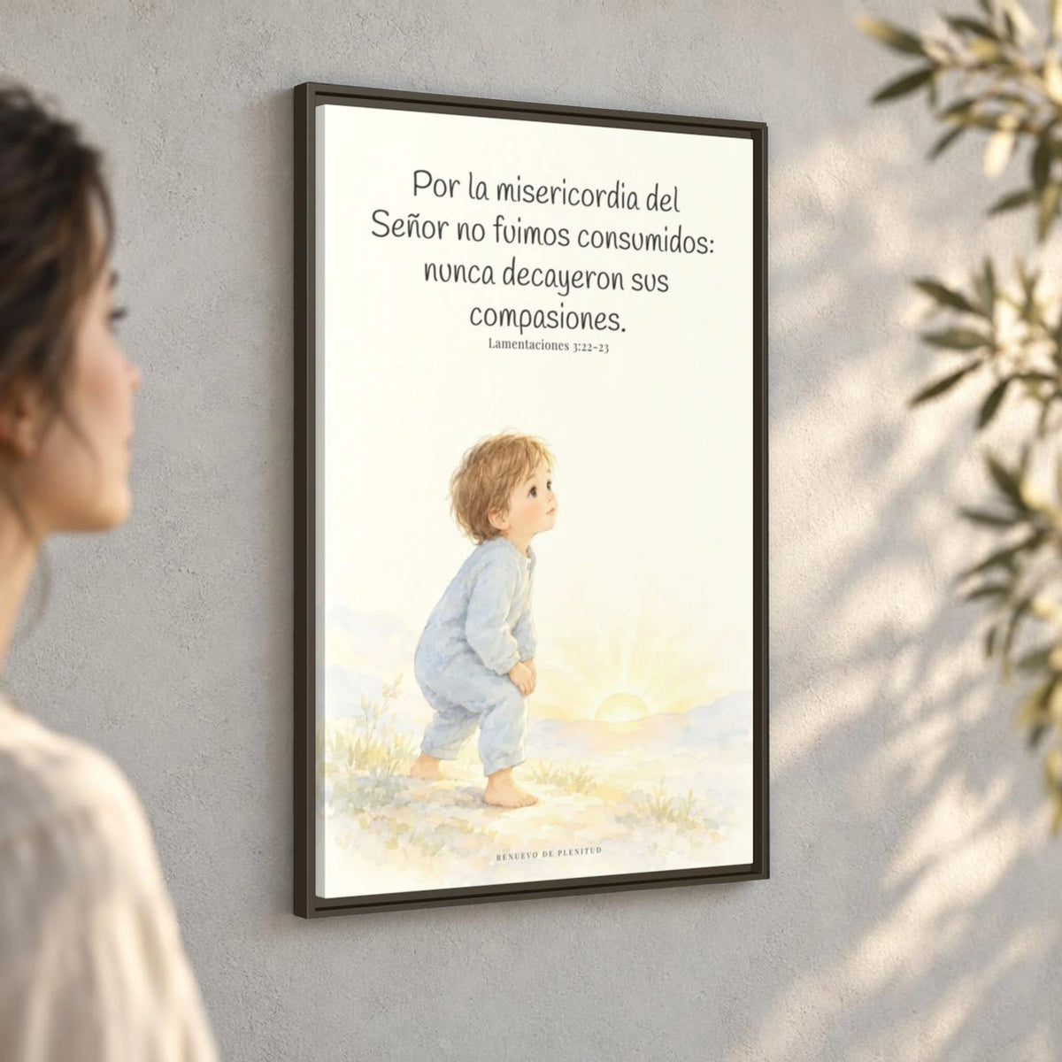 Por la misericordia de Jehová no fuimos consumidos — Lienzo Cristiano Enmarcado | Lamentaciones 3:22-23 — 24×36 pulgadas, marco espresso, vista angular ambiental del marco flotante, escala física calibrada
