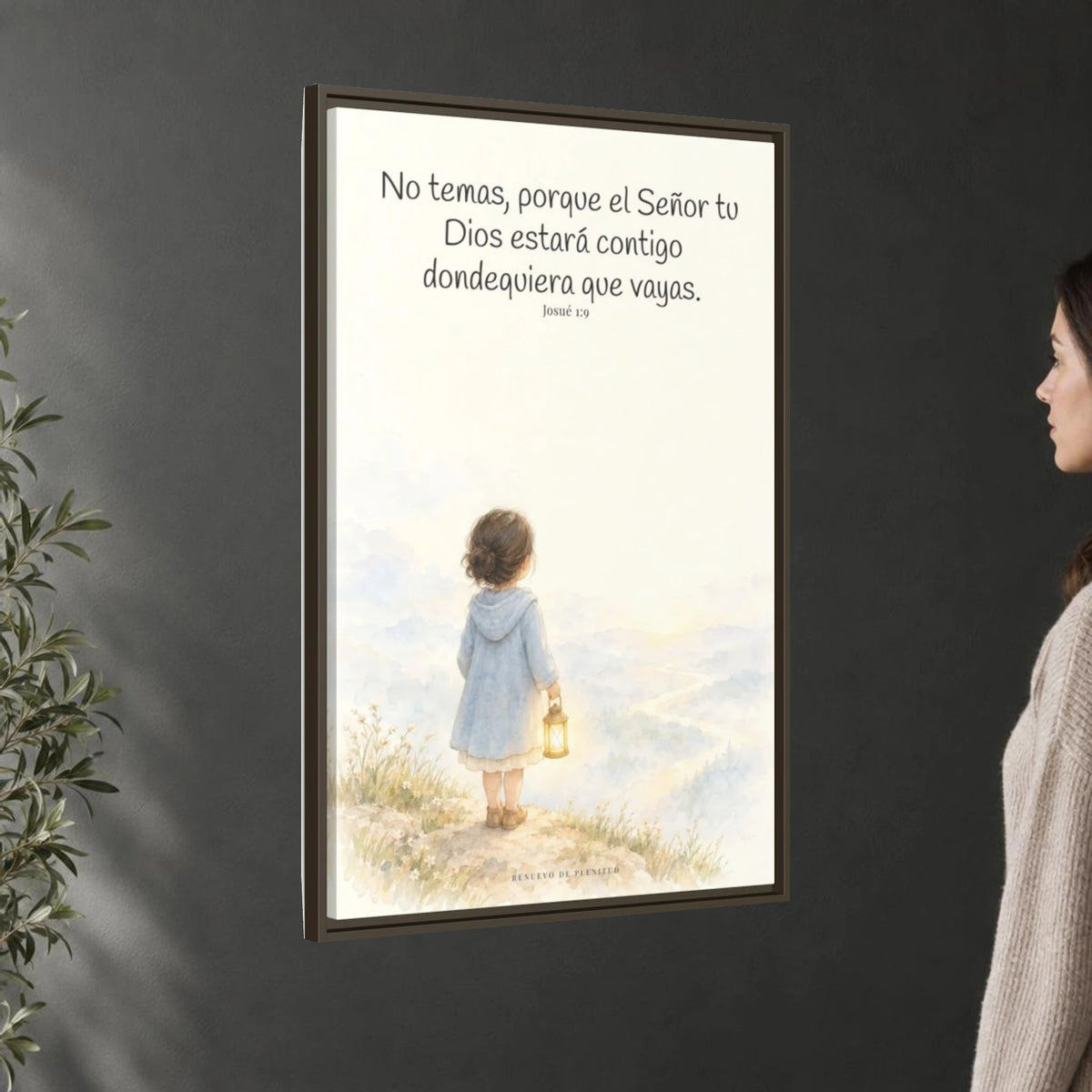 Jehová tu Dios estará contigo — Lienzo Cristiano Enmarcado | Josué 1:9 — 24×36 pulgadas, marco espresso, vista angular ambiental del marco flotante, escala física calibrada