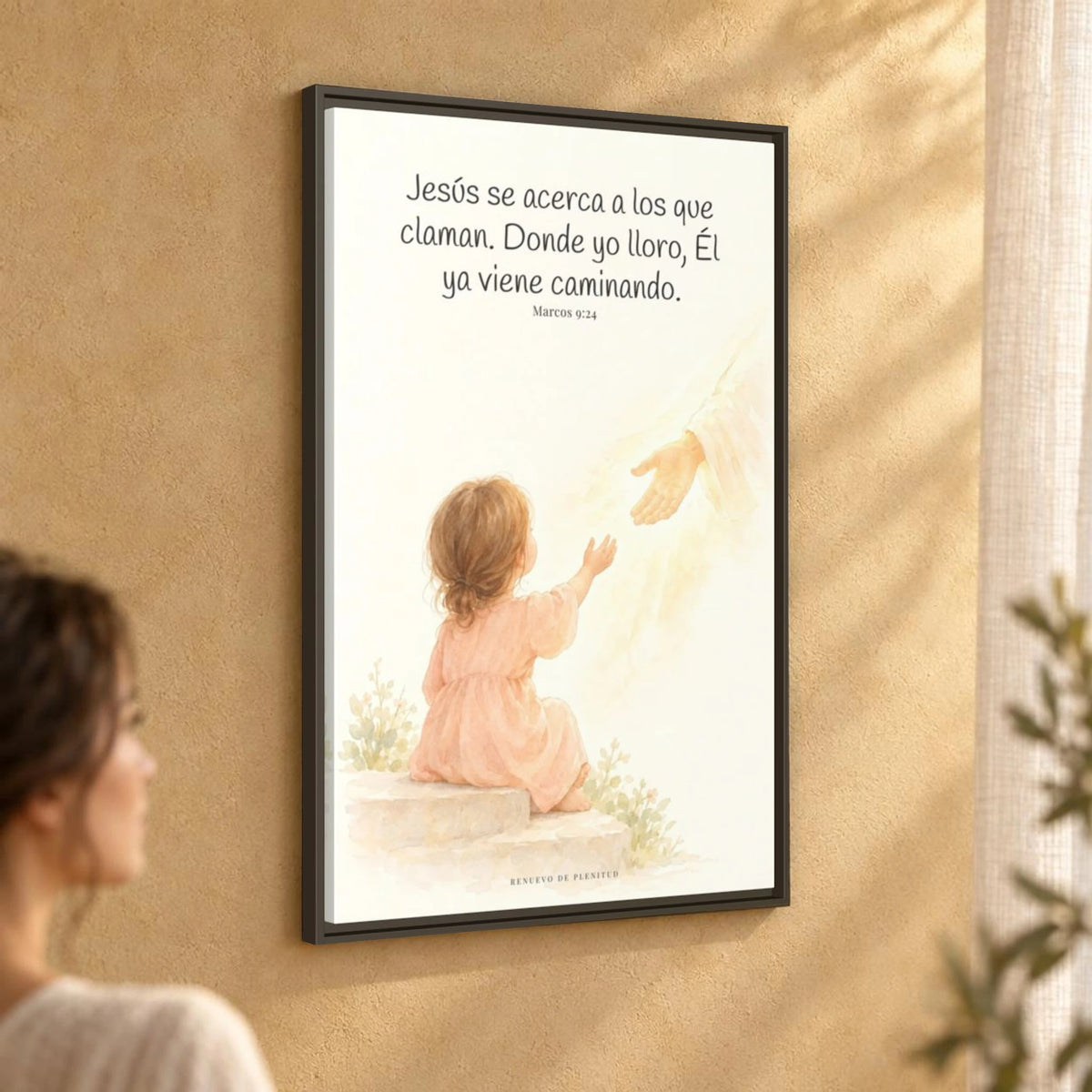 Jesús se acerca a los que claman — Lienzo Cristiano Enmarcado | Marcos 9:24 — 24×36 pulgadas, marco espresso, vista angular ambiental del marco flotante, escala física calibrada