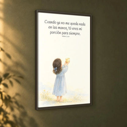 Mi porción eres tú, Señor — Lienzo Cristiano Enmarcado | Salmo 73:26 — 24×36 pulgadas, marco espresso, vista angular ambiental del marco flotante, escala física calibrada
