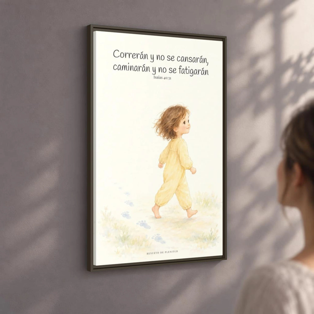 Correrán y no se cansarán — Lienzo Cristiano Enmarcado | Isaías 40:31 — 24×36 pulgadas, marco espresso, vista angular ambiental del marco flotante, escala física calibrada