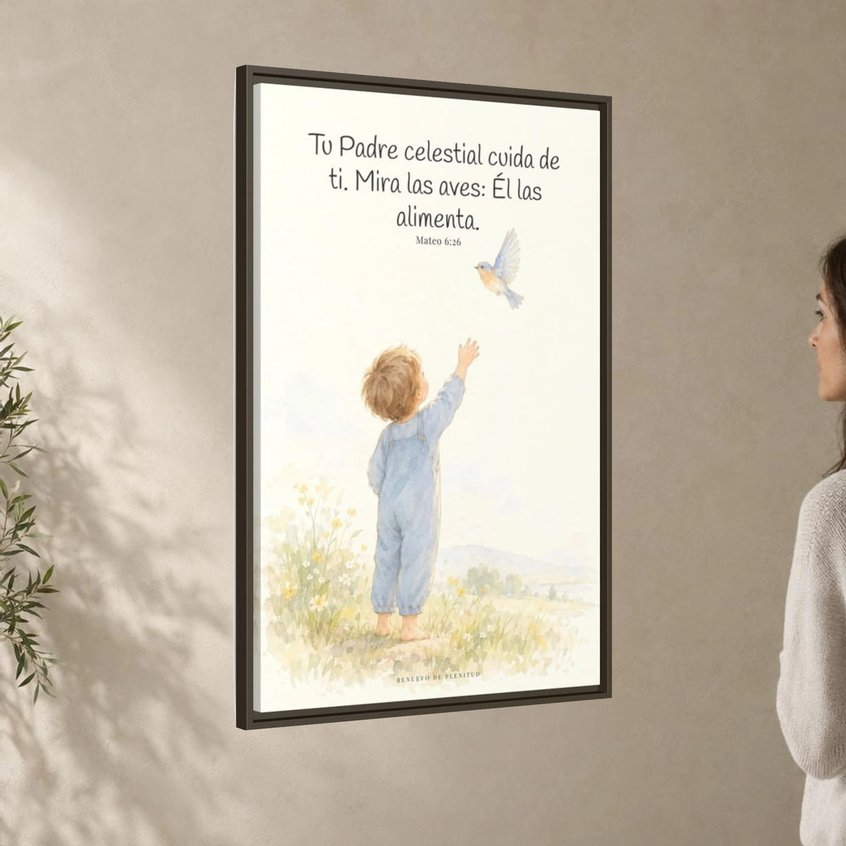 Tu Padre celestial cuida de mí — Lienzo Cristiano Enmarcado | Mateo 6:26 — 24×36 pulgadas, marco espresso, vista angular ambiental del marco flotante, escala física calibrada