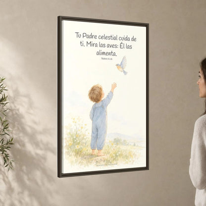 Tu Padre celestial cuida de mí — Lienzo Cristiano Enmarcado | Mateo 6:26 — 24×36 pulgadas, marco espresso, vista angular ambiental del marco flotante, escala física calibrada
