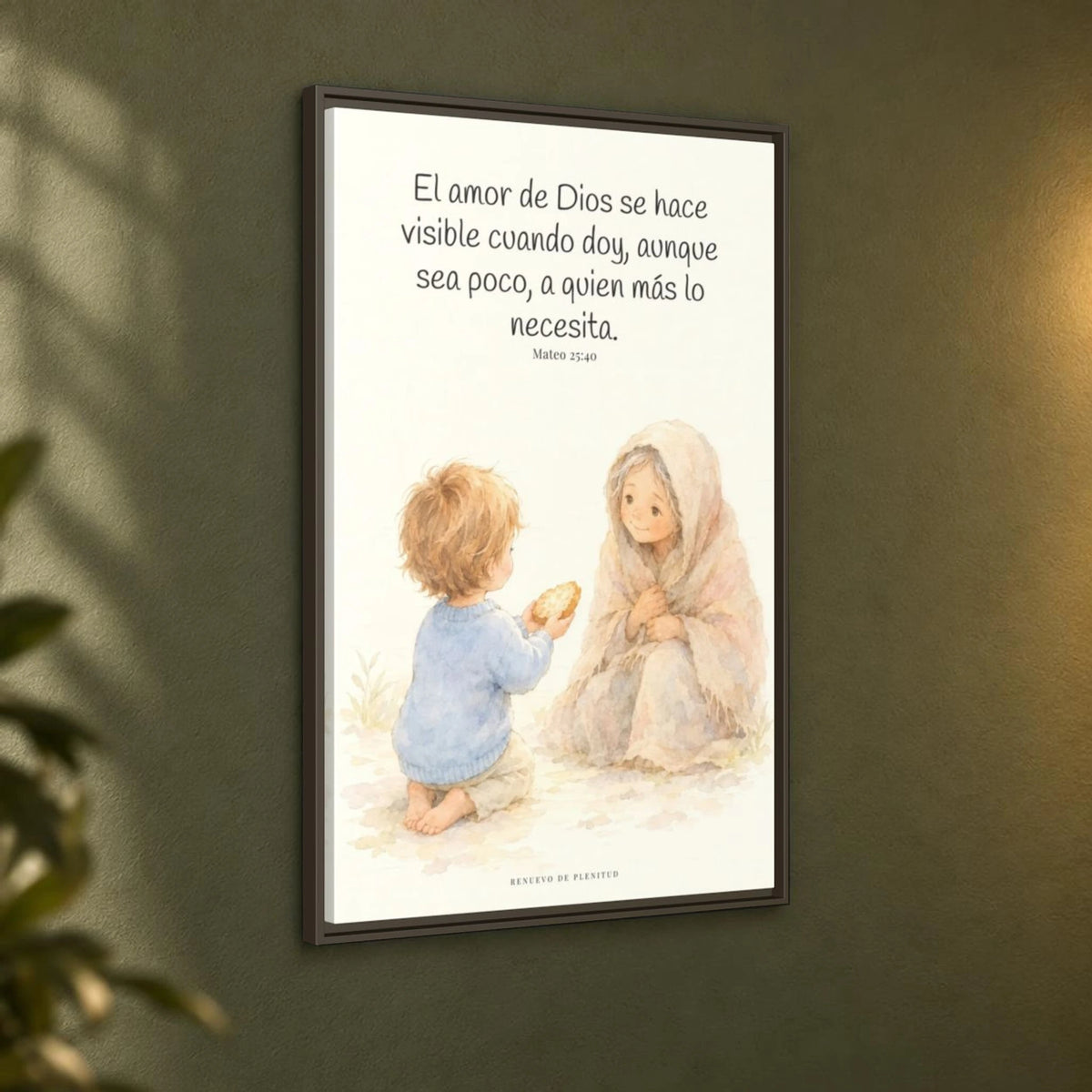 El amor de Dios se da en cosas pequeñas — Lienzo Cristiano Enmarcado | Mateo 25:40 — 24×36 pulgadas, marco espresso, vista angular ambiental del marco flotante, escala física calibrada