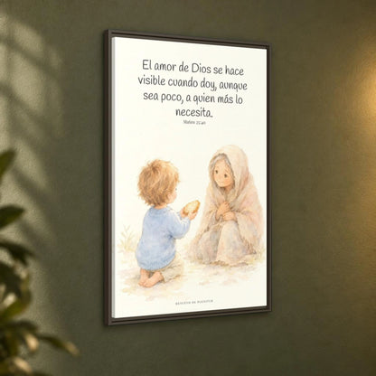 El amor de Dios se da en cosas pequeñas — Lienzo Cristiano Enmarcado | Mateo 25:40 — 24×36 pulgadas, marco espresso, vista angular ambiental del marco flotante, escala física calibrada