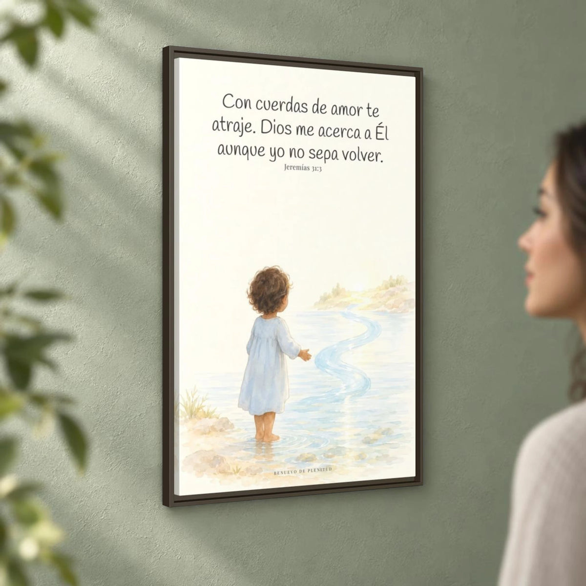 Con cuerdas de amor te atraje — Lienzo Cristiano Enmarcado | Jeremías 31:3 — 24×36 pulgadas, marco espresso, vista angular ambiental del marco flotante, escala física calibrada
