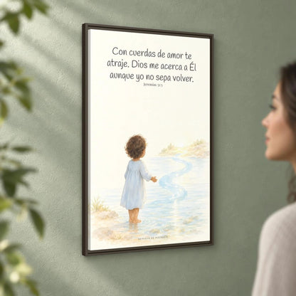 Con cuerdas de amor te atraje — Lienzo Cristiano Enmarcado | Jeremías 31:3 — 24×36 pulgadas, marco espresso, vista angular ambiental del marco flotante, escala física calibrada