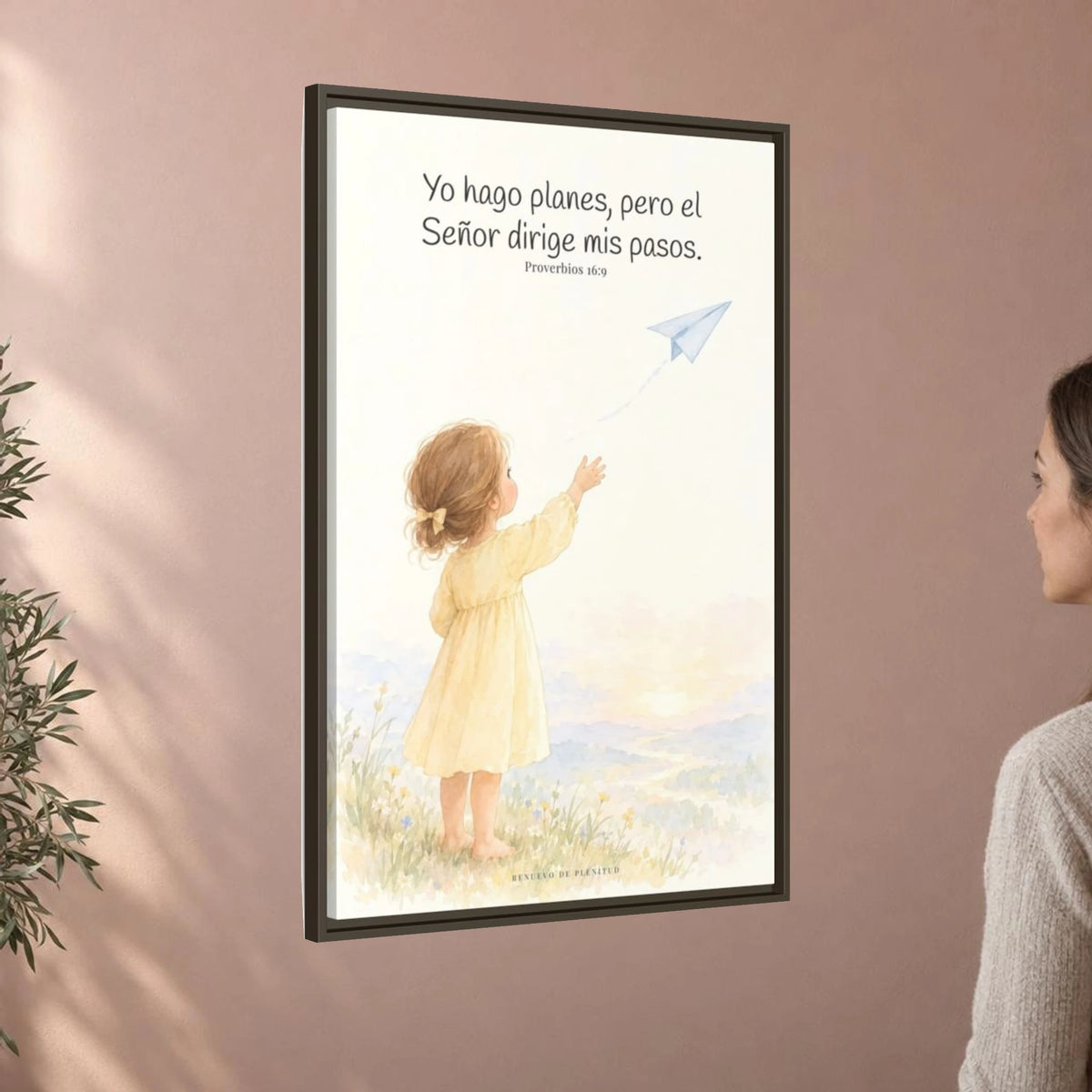 Jehová dirige mis pasos — Lienzo Cristiano Enmarcado | Proverbios 16:9 — 24×36 pulgadas, marco espresso, vista angular ambiental del marco flotante, escala física calibrada