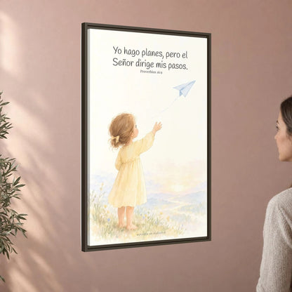 Jehová dirige mis pasos — Lienzo Cristiano Enmarcado | Proverbios 16:9 — 24×36 pulgadas, marco espresso, vista angular ambiental del marco flotante, escala física calibrada