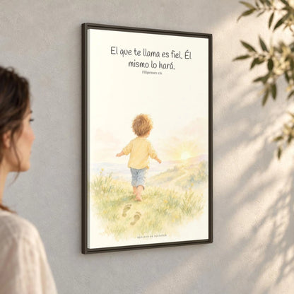 Fiel es el que os llama, el cual también lo hará — Lienzo Cristiano Enmarcado | Filipenses 1:6 — 24×36 pulgadas, marco espresso, vista angular ambiental del marco flotante, escala física calibrada