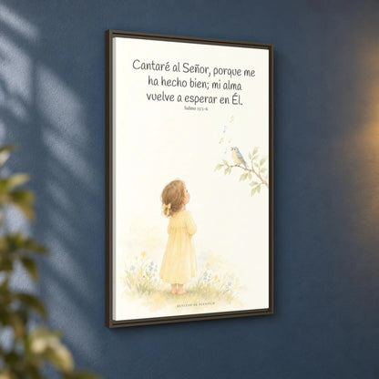 Cantaré a Jehová porque me ha hecho bien — Lienzo Cristiano Enmarcado | Salmo 13:5-6 — 24×36 pulgadas, marco espresso, vista angular ambiental del marco flotante, escala física calibrada