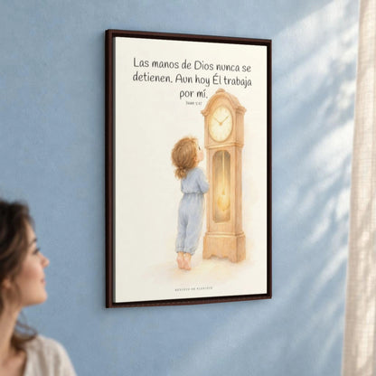 Las manos de Dios no se detienen por mí | Arte bíblico para pared | Juan 5:17 — 24×36 pulgadas, marco espresso, vista angular ambiental del marco flotante, escala física calibrada