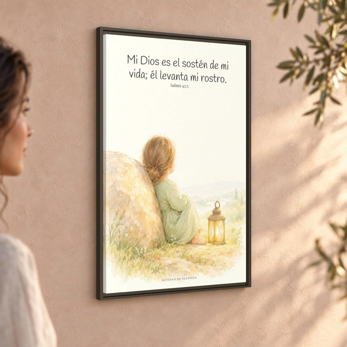 Dios es el sostén de mi vida — Lienzo Cristiano Enmarcado | Salmo 42:5 — 24×36 pulgadas, marco espresso, vista angular ambiental del marco flotante, escala física calibrada