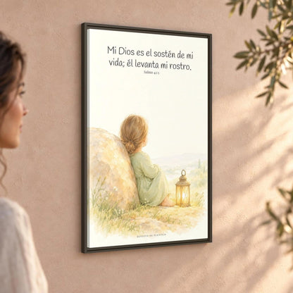 Dios es el sostén de mi vida — Lienzo Cristiano Enmarcado | Salmo 42:5 — 24×36 pulgadas, marco espresso, vista angular ambiental del marco flotante, escala física calibrada