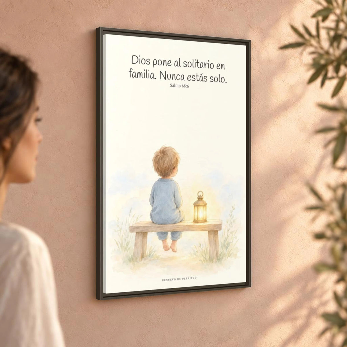 Dios pone al solitario en familia — Lienzo Cristiano Enmarcado | Salmo 68:6 — 24×36 pulgadas, marco espresso, vista angular ambiental del marco flotante, escala física calibrada