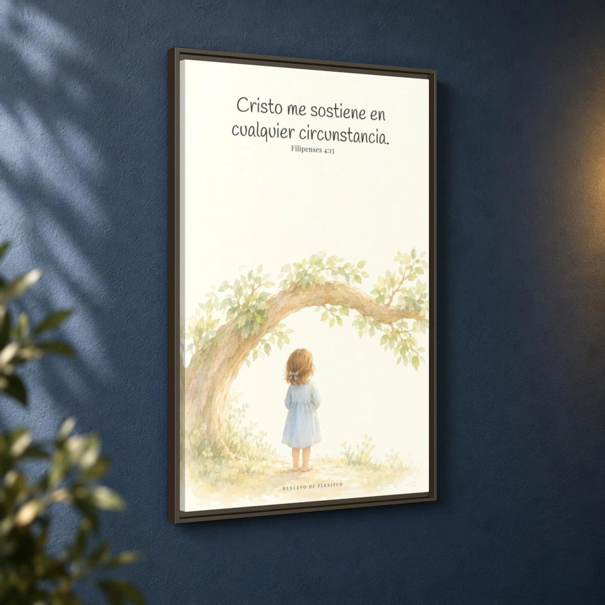 Cristo me sostiene en cualquier circunstancia — Lienzo Cristiano Enmarcado | Filipenses 4:13 — 24×36 pulgadas, marco espresso, vista angular ambiental del marco flotante, escala física calibrada