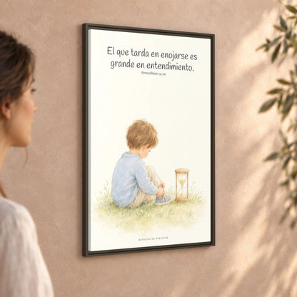 El que es lento para la ira es grande en entendimiento — Lienzo Cristiano Enmarcado | Proverbios 14:29 — 24×36 pulgadas, marco espresso, vista angular ambiental del marco flotante, escala física calibrada
