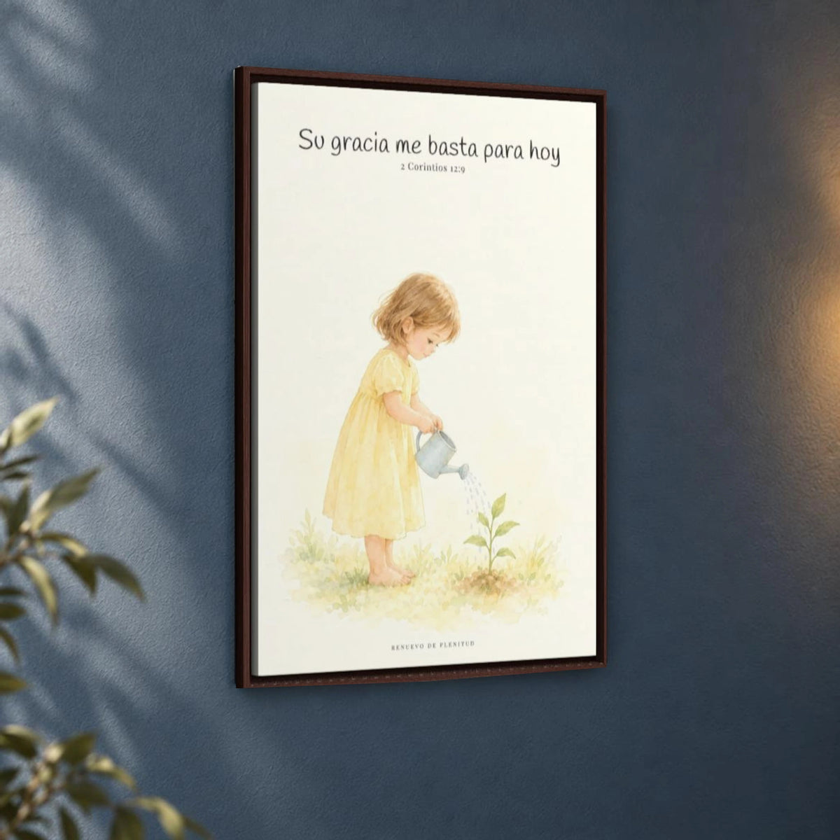 Su gracia me basta para hoy | Decoración de fe para pared | 2 Corintios 12:9 — 24×36 pulgadas, marco espresso, vista angular ambiental del marco flotante, escala física calibrada